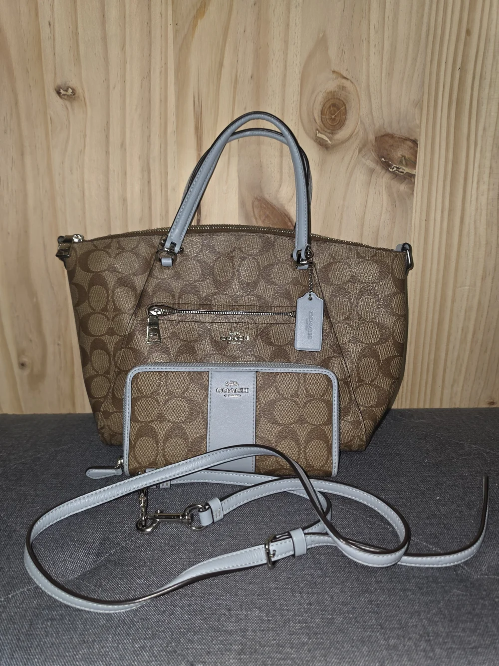 Coach Brown Signature Canvas Tote with Chalk Trim and Matching Wallet